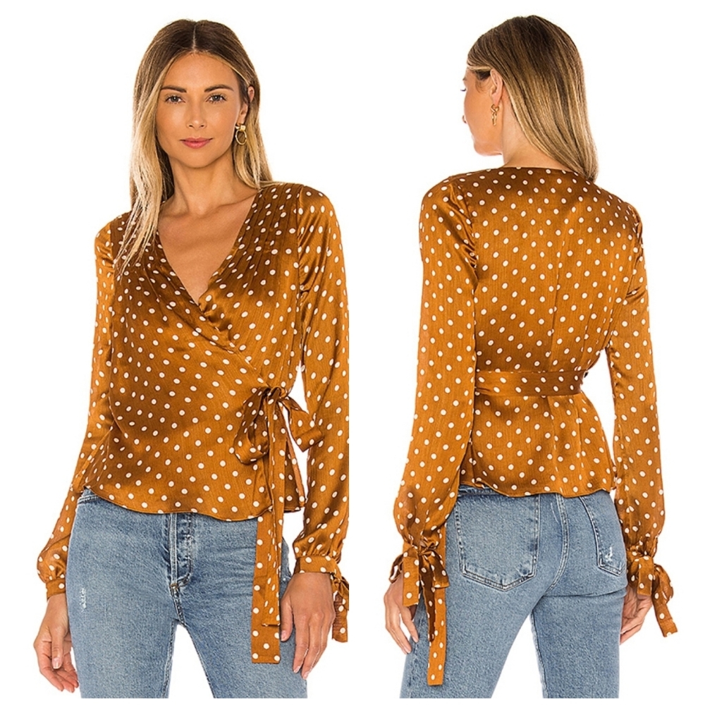 NWT Tularosa Revolve Charmaine Wrap Top In Camel Polka Dot Blouse Sz Large